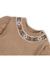 Hope & Henry Baby Girls Organic Long Sleeve Intarsia Trim Crew Neck Sweater