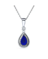 Bling Jewelry Blue Cz Halo Solitaire Teardrop Pear Shape Pendant Necklace For Women .925 Sterling Silver