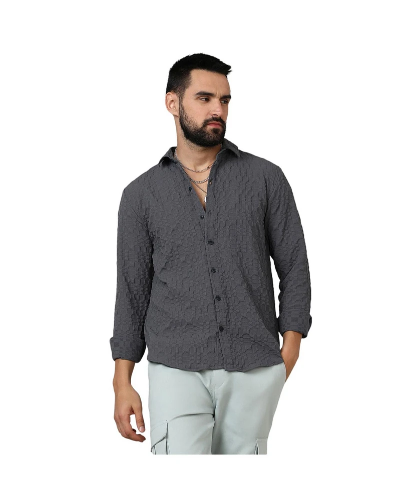 Campus Sutra Men's Charcoal Grey Embossed Geometric Shirt