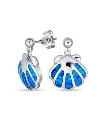 Bling Jewelry Created Blue Opal Hawaiian Nautical Tropical Beach Vacation Mollusks Clam Dangling Drop Stud Earrings For Women Marine Life .925 Sterlin