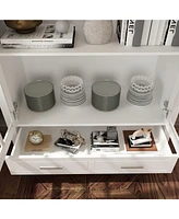 Famapy White Storage Cabinet Bookcase with Tempered Glass Doors,-Drawer