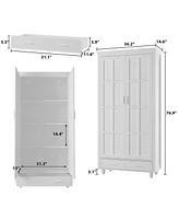 Famapy White Storage Cabinet Bookcase with Tempered Glass Doors,-Drawer