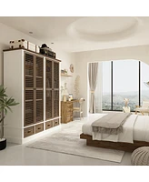 Famapy Brown Wood Shutter Doors Armoires Wardrobe with Thick Base, 4-Drawers