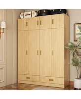 Famapy Brown Wood 8-Door Big Wardrobe Armoires with Hanging Rod,2-Drawers