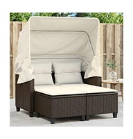 vidaXL Patio Sofa 2-Seater with Canopy and Stools Brown Poly Rattan