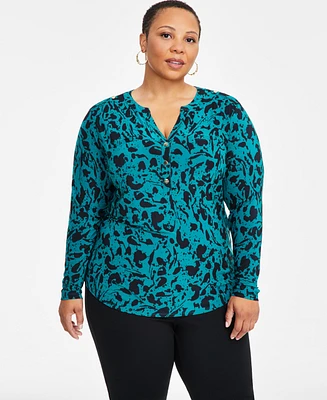 I.n.c. International Concepts Plus Printed Split-Neck Long-Sleeve Top, Created for Macy's