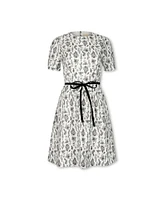 Hope & Henry Womens' Short Pleated Sleeve Woven Dress with Waist Tie