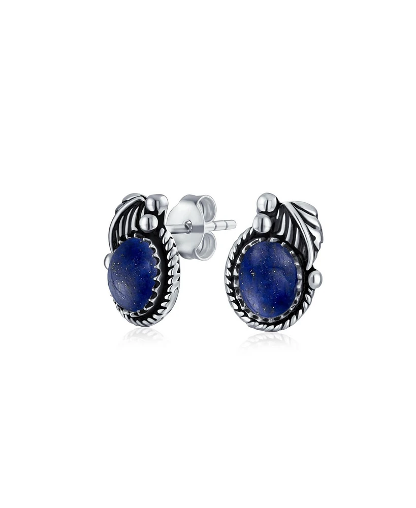 Bling Jewelry Native American Style Natural Blue Lapis Lazuli Round Bezel Leaf Rope Edged Stud Earrings Western Jewelry For Women Oxidized .925 Sterli