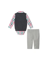 Andy & Evan Baby Boys White Plaid Buttondown w/Charcoal Sweater Vest Bowtie