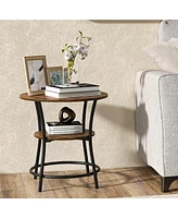 Gymax 2-Tier Side Table Compact Round Metal Frame Coffee Table w/ Open Shelf Brown
