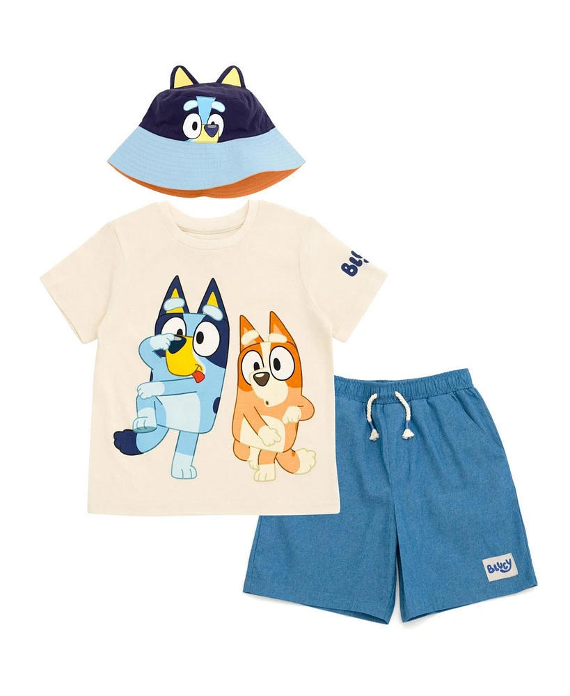 Bluey Boys T-Shirt Chambray Shorts and Twill Bucket Sun Hat 3 Piece Outfit Set to