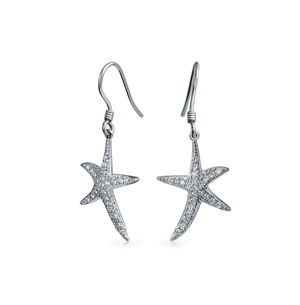 Bling Jewelry Nautical Ocean Tropical Beach Cubic Zirconia Pave Cz Starfish Drop Dangle Earrings For Women .925 Sterling Silver Fish Hook