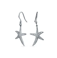 Bling Jewelry Nautical Ocean Tropical Beach Cubic Zirconia Pave Cz Starfish Drop Dangle Earrings For Women .925 Sterling Silver Fish Hook