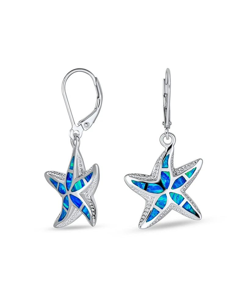 Bling Jewelry Iridescent Created Opal Inlay Nautical Vacation Honeymoon Ocean Marine Life Starfish Dangle Drop Lever back Earrings For Women