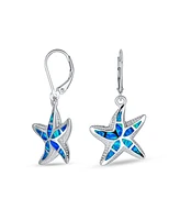 Bling Jewelry Iridescent Created Opal Inlay Nautical Vacation Honeymoon Ocean Marine Life Starfish Dangle Drop Lever back Earrings For Women