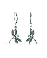 Bling Jewelry Dainty Butterfly Dragonfly Firefly Garden Green Agate Inlaid Drop Lever back Dangle Earrings For Women .925 Sterling Silver