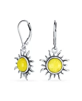 Bling Jewelry Tropical Honeymoon Vacation Beach Sun Rise Lemon Yellow Natural Amber Round Sunburst Dangle Drop Earrings For Women Lever back Oxidized