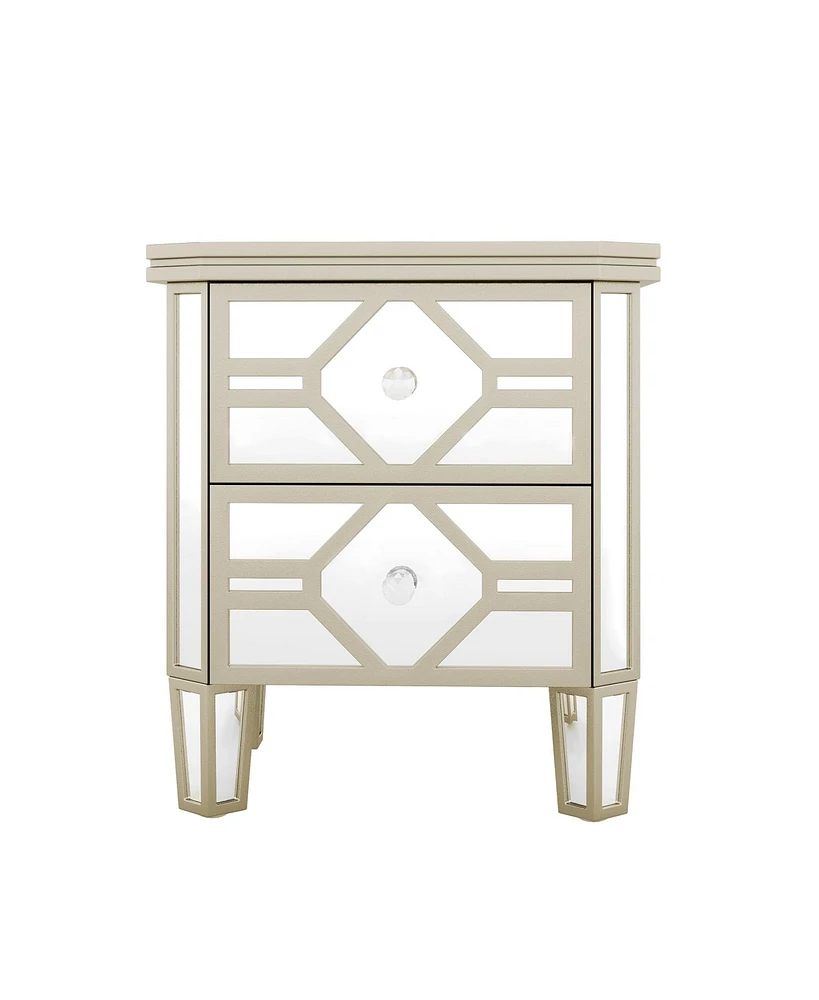 Slickblue Elegant Mirrored 2-Drawer Side Table with Golden Lines for Living Room, Hallway, Entryway