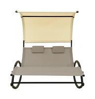 vidaXL Double Sun Lounger with Canopy Textilene Taupe and Cream