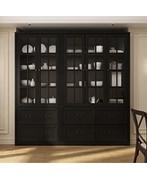 Famapy White 12-Shelf Bookcase Storage Cabinet with Tempered Glass Doors, 6-Drawers