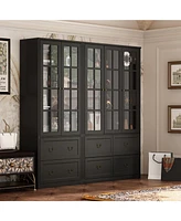 Famapy White 12-Shelf Bookcase Storage Cabinet with Tempered Glass Doors, 6-Drawers