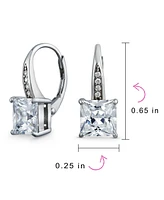 Bling Jewelry Holiday Classic 2CT Solitaire Cubic Zirconia Princess Cut Square Pave Drop Lever back Earrings For Women .925 Sterling Silver