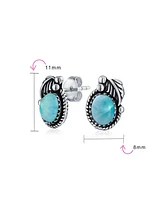 Bling Jewelry Native American Style Natural Blue Larimar Oval Bezel Leaf Rope Edged Stud Earrings Western Jewelry For Women Oxidized .925 Sterling Sil