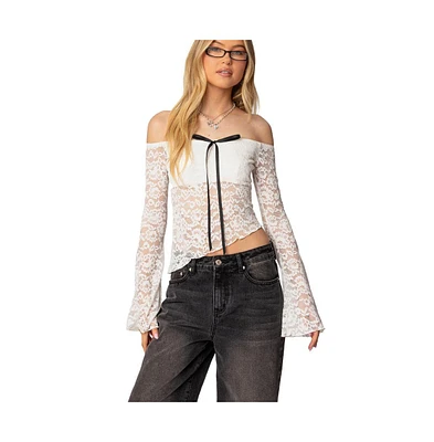 Edikted Womens Asymmetric Sheer Lace Off Shoulder Top