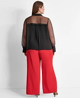 Dkny Plus Collared Mixed-Media Illusion Blouse