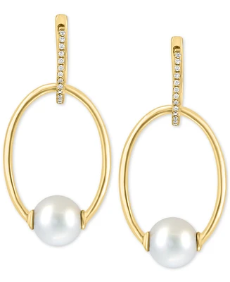 Effy Cultured Freshwater Pearl (7mm) & Diamond (1/10 ct. t.w.) Doorknocker Drop Earrings in 14k Gold