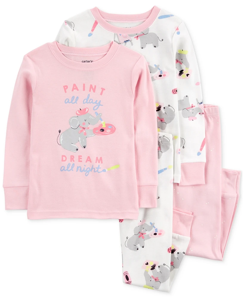 Carter's Toddler Girls Painter Elephant 100% Snug-Fit Cotton Pajamas, 4 Piece Set