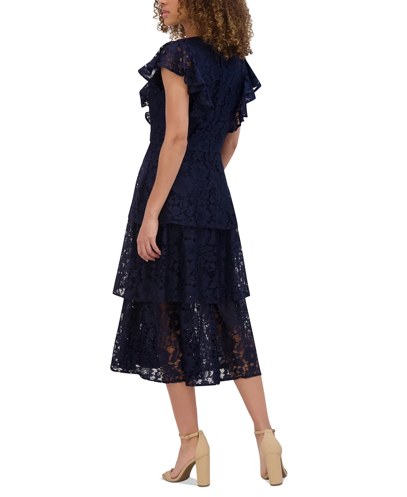 kensie Women's Tiered Lace Midi Dress