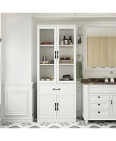Famapy 4-Shelf White Wood Standard Bookcase With Doors, Cabinet, Drawer