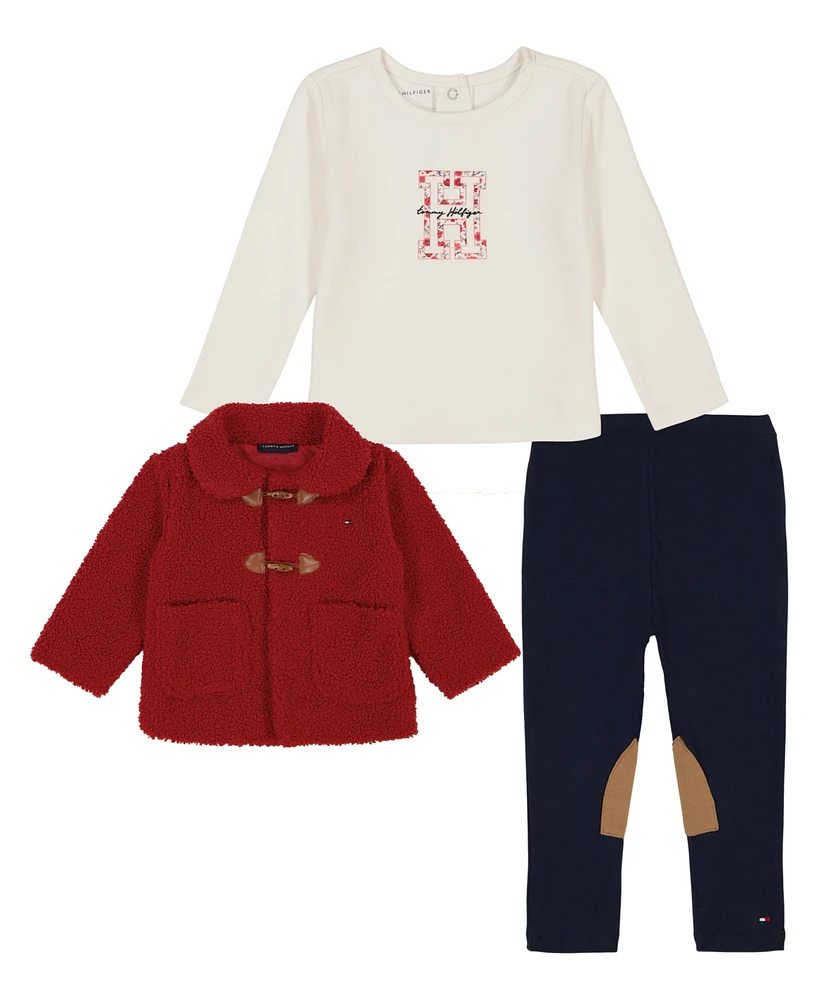 Tommy Hilfiger Baby Girl Long Sleeve Logo Tee, Berber Jacket Stretch Leggings, 3-Piece set