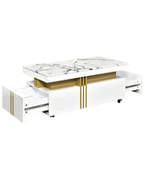 Slickblue Contemporary Coffee Table with Faux Marble Top – Rectangle Cocktail Table on Caster Wheels with Gold Metal Bars for Living Room