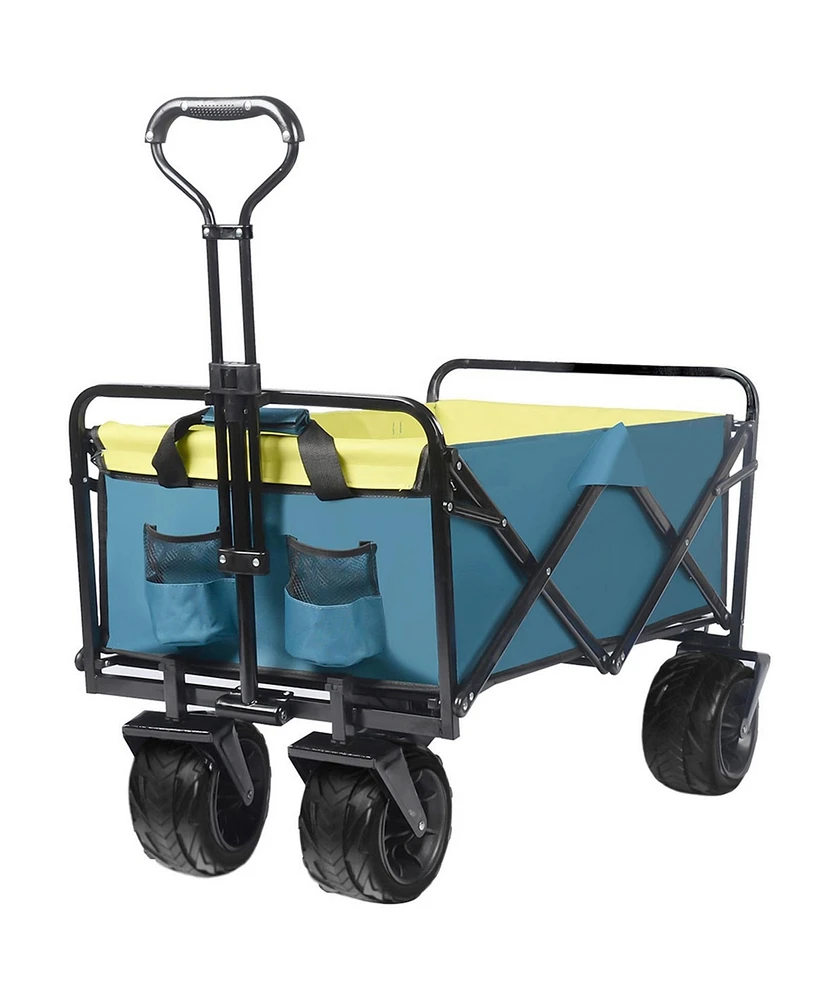 Slickblue Collapsible Heavy-Duty Beach Wagon Cart – Outdoor Folding Utility with Universal Wheels & Adjustable Handle, Green & Blue