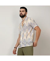 Men's Pale Yellow & Powder Blue Ethnic Shirt