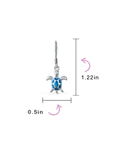 Bling Jewelry Nautical Aquatic Tropical Beach Vacation Iridescent Blue Created Opal Inlay Sea Tortoise Turtle Dangle Drop Earrings For Women .925 Ster