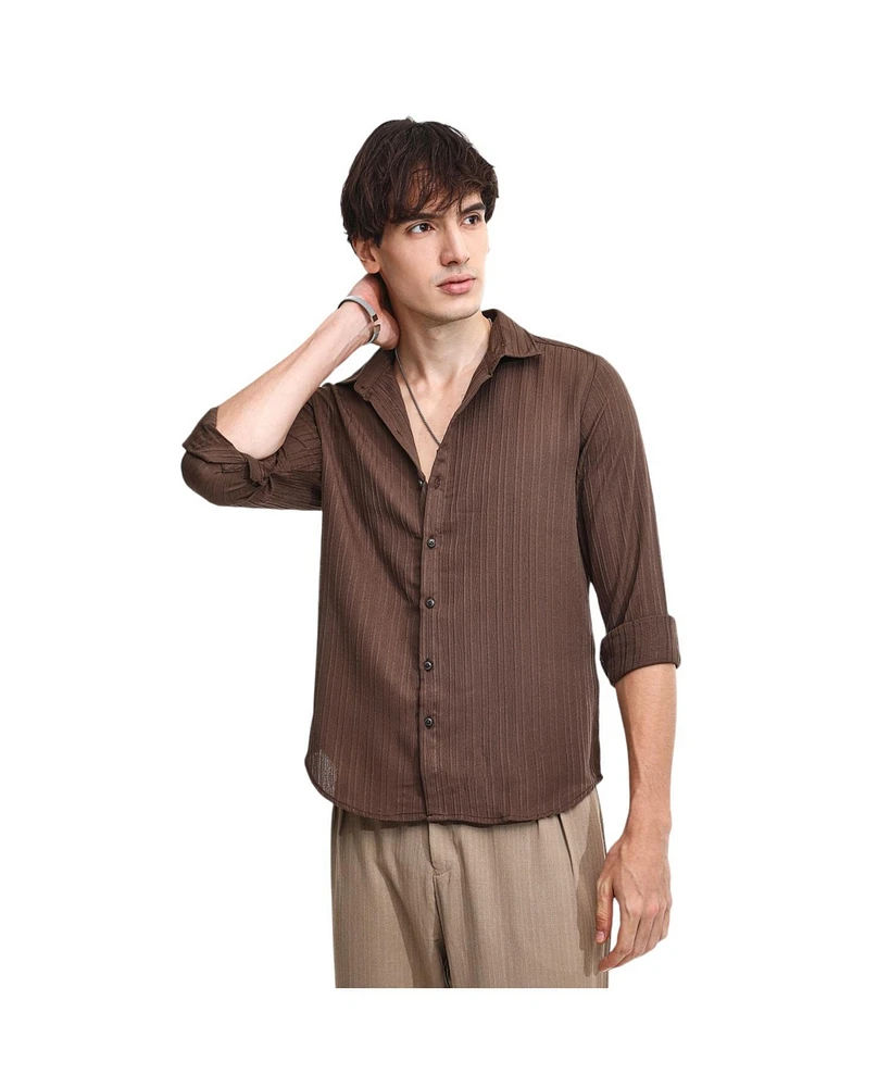 Campus Sutra Men's Mocha Brown Self-Design Striped Shirt