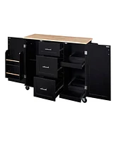 Slickblue K&K Rolling Kitchen Island: Rubber Wood Top, 3 Drawers, 2 Slide-Out Shelves, Internal Storage Rack, Wheels - Black