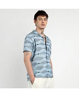Men's Icy Blue Embroidered Geometric-Lined Shirt