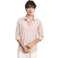 Campus Sutra Men's Tan Brown Heathered-Stripe Shirt