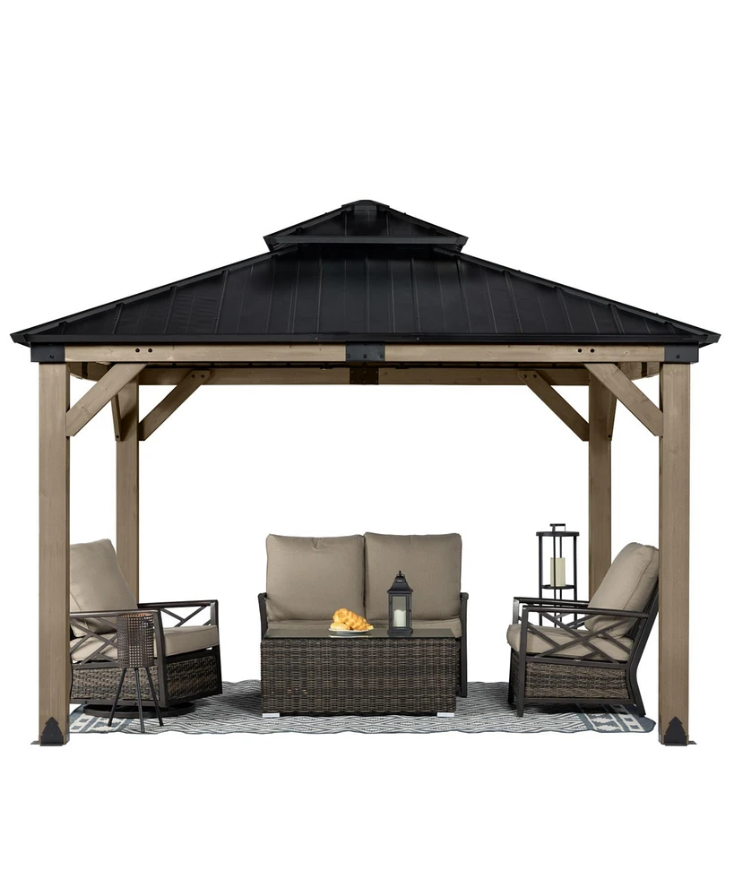 Aoodor 12 x ft. Wood Gazebo,Outdoor Upgrade Cedar Wooden Frame Gazebo with 2-Tier Galvanized Steel Roof