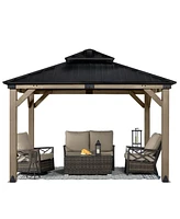 Aoodor 12 x ft. Wood Gazebo,Outdoor Upgrade Cedar Wooden Frame Gazebo with 2-Tier Galvanized Steel Roof