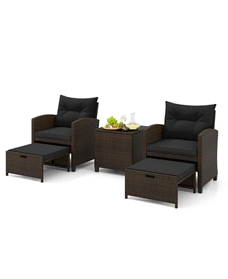 5 Piece Patio Rattan Furniture with 2 Ottomans & Tempered Glass Coffee Table