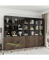 Famapy Brown Wood 23-Shelf Accent Bookcase with Glass Doors, Lights