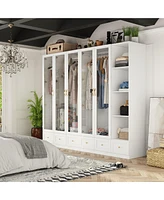 Famapy White Wood Glass Doors Armoires Wardrobe with Drawers, Open Shelves