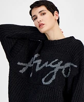 Hugo Women's Metallic-Logo Oversized Crewneck Sweater