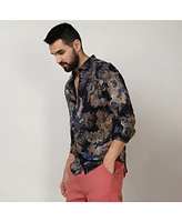 Campus Sutra Men's Royal Blue & Midnight Black Paisley Flora Shirt