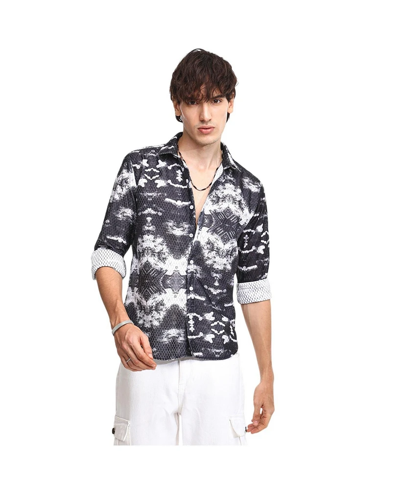 Campus Sutra Men's Midnight Black & Ivory White Reptilia Shirt